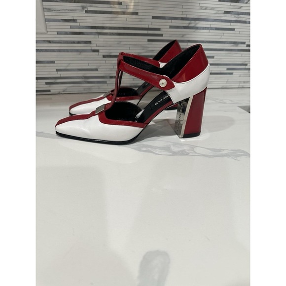 Vintage Shoes - Karl Lagerfeld Red & White T-Strap Heels Square Toe Block Heel Designer Shoes